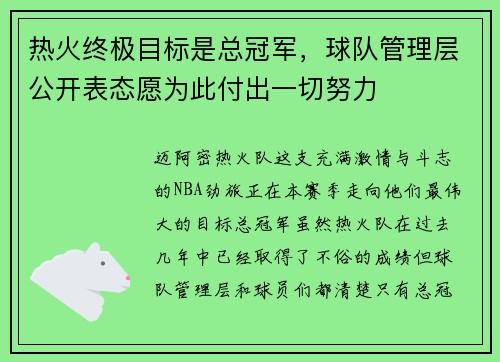 热火终极目标是总冠军，球队管理层公开表态愿为此付出一切努力