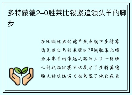 多特蒙德2-0胜莱比锡紧追领头羊的脚步