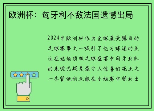 欧洲杯：匈牙利不敌法国遗憾出局