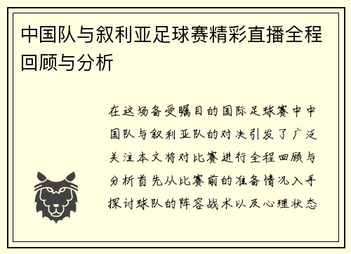 中国队与叙利亚足球赛精彩直播全程回顾与分析