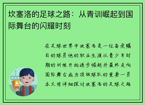 坎塞洛的足球之路：从青训崛起到国际舞台的闪耀时刻