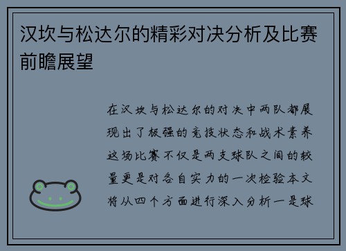汉坎与松达尔的精彩对决分析及比赛前瞻展望