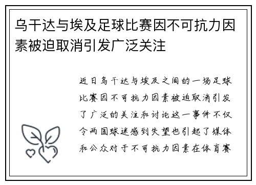 乌干达与埃及足球比赛因不可抗力因素被迫取消引发广泛关注