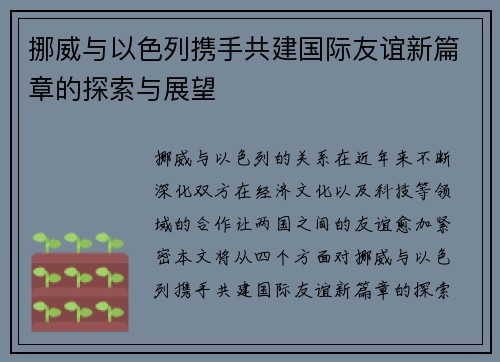 挪威与以色列携手共建国际友谊新篇章的探索与展望