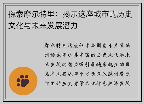 探索摩尔特里：揭示这座城市的历史文化与未来发展潜力