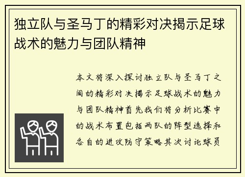 独立队与圣马丁的精彩对决揭示足球战术的魅力与团队精神