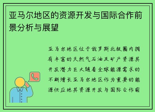 亚马尔地区的资源开发与国际合作前景分析与展望