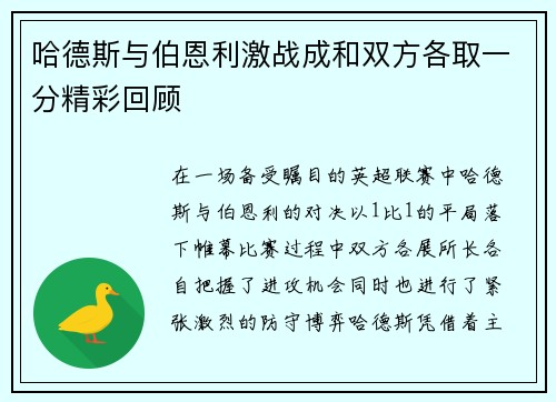 哈德斯与伯恩利激战成和双方各取一分精彩回顾