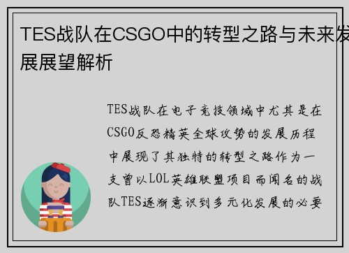 TES战队在CSGO中的转型之路与未来发展展望解析