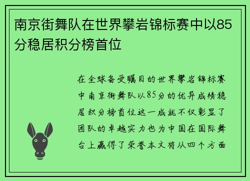 南京街舞队在世界攀岩锦标赛中以85分稳居积分榜首位