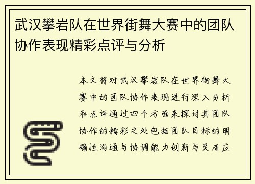 武汉攀岩队在世界街舞大赛中的团队协作表现精彩点评与分析